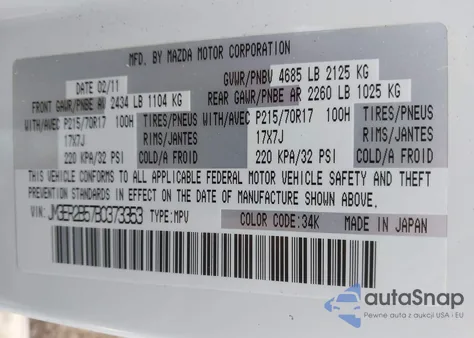 2011 Mazda Cx-7 I Sport from USA, damaged, VIN JM3ER2B57B0373353